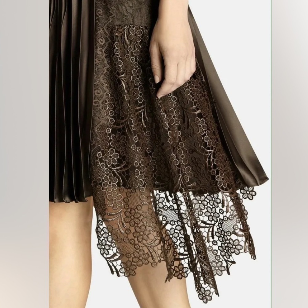 Karen Millen Brown Pleated Midi Dress with Lace Detail Size 4 - Picture 3 of 10